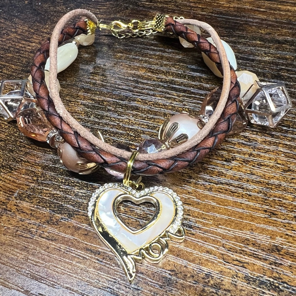 Gold Heart Charm Brown Leather Bracelet